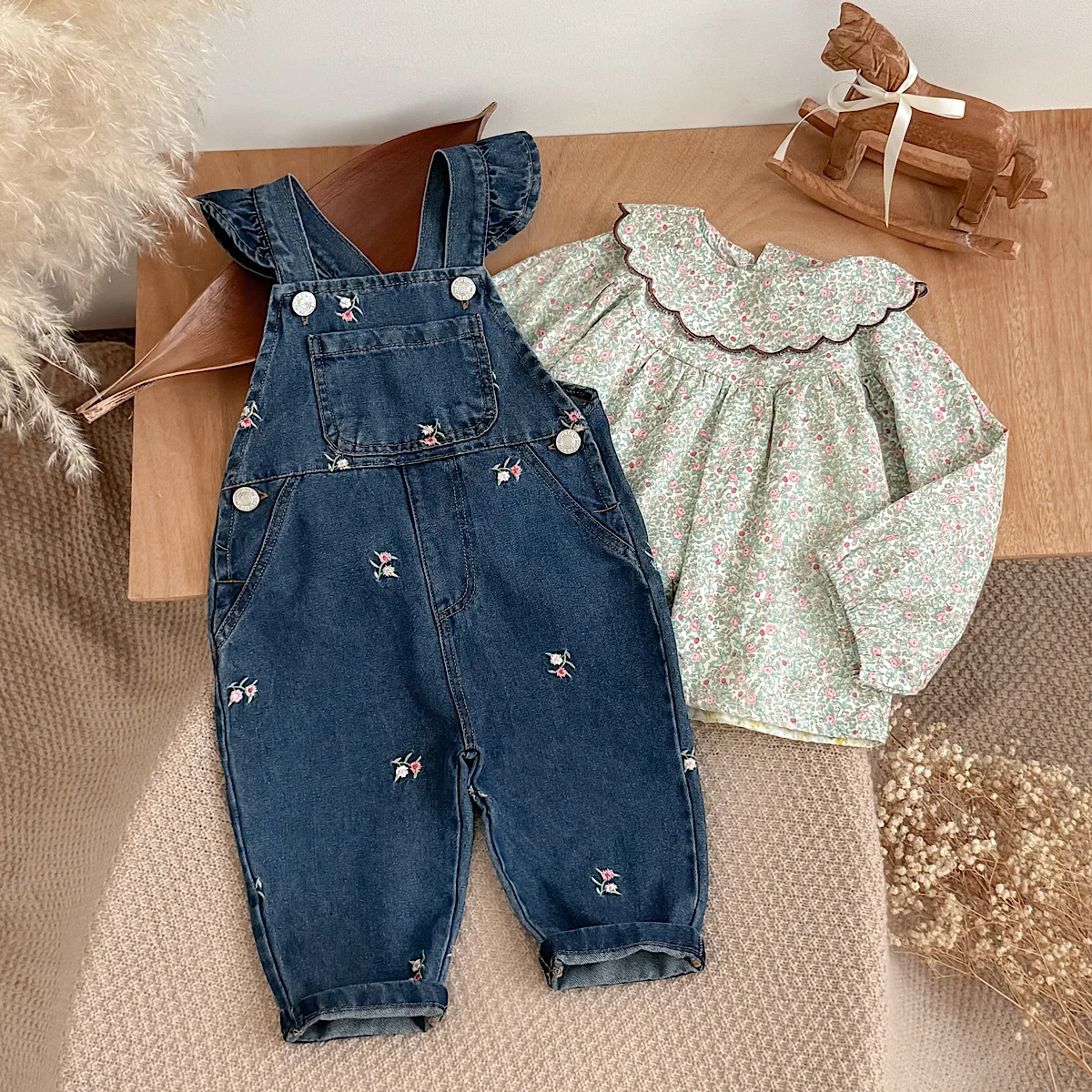 Spring Autumn Baby Girls Sweet 2Pcs Outfit, Floral Ruffle Collar Shirt & Flower Embroidered Denim Overalls