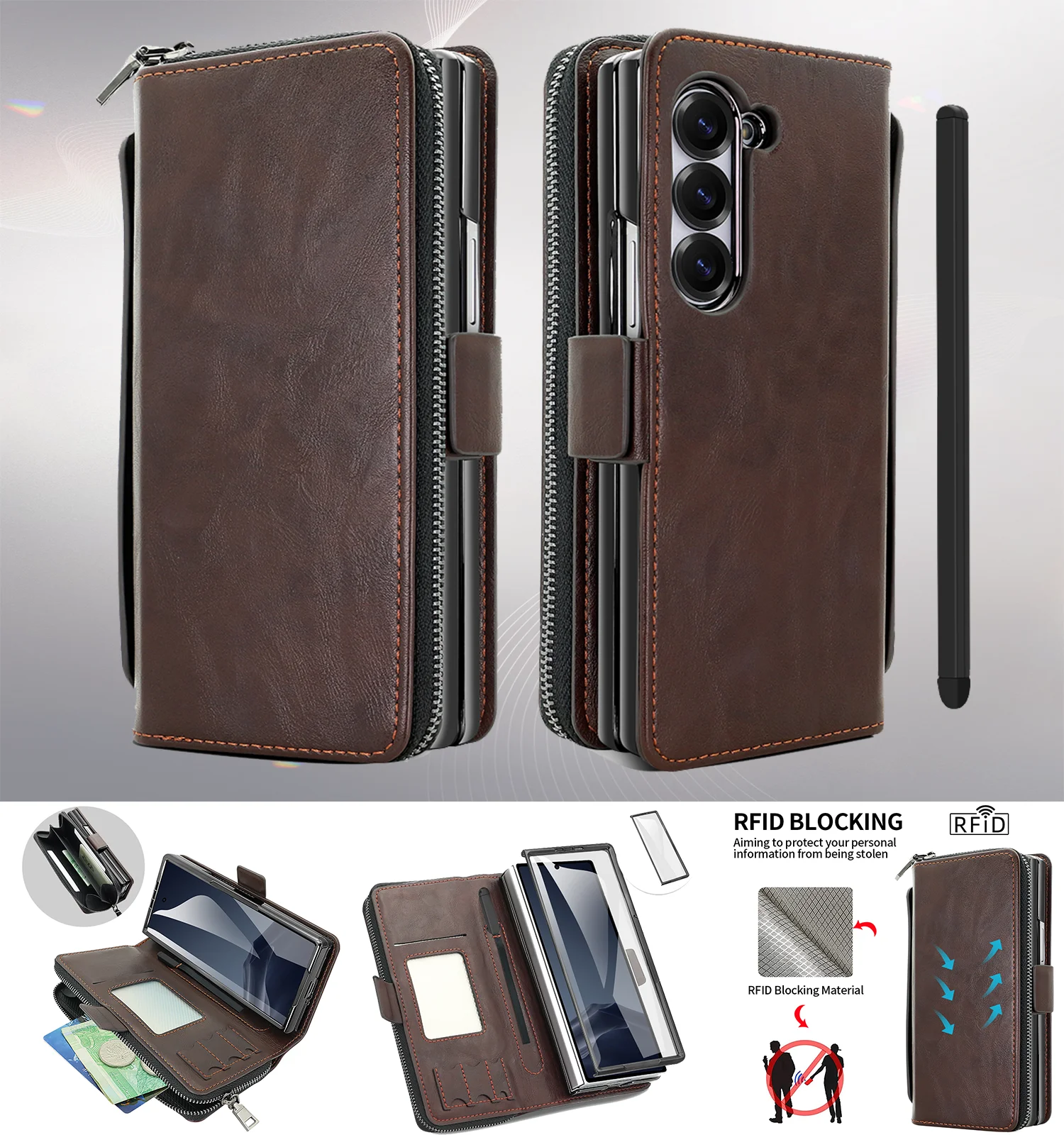 

Premium Leather RFID Flip Case For Samsung Galaxy Z Fold 7 6 5 4 Zipper Wallet Card Slots With Screen Glass Protection Touch Pen