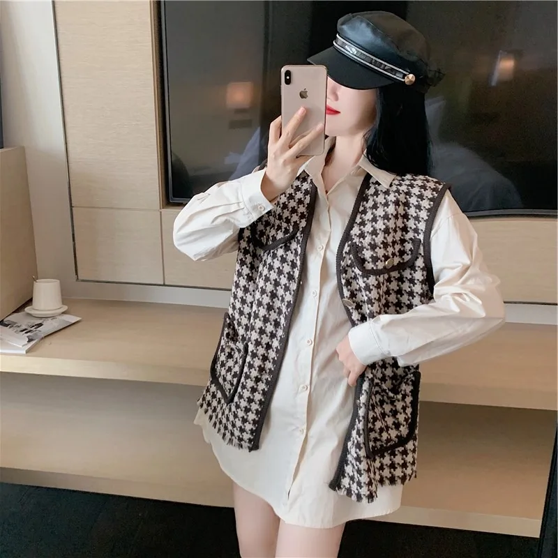 

Vests Women Houndstooth V-neck French Vintage Autumn Elegant Coats All-match Famous Lady Outwear High Street Pockets Aesthetic