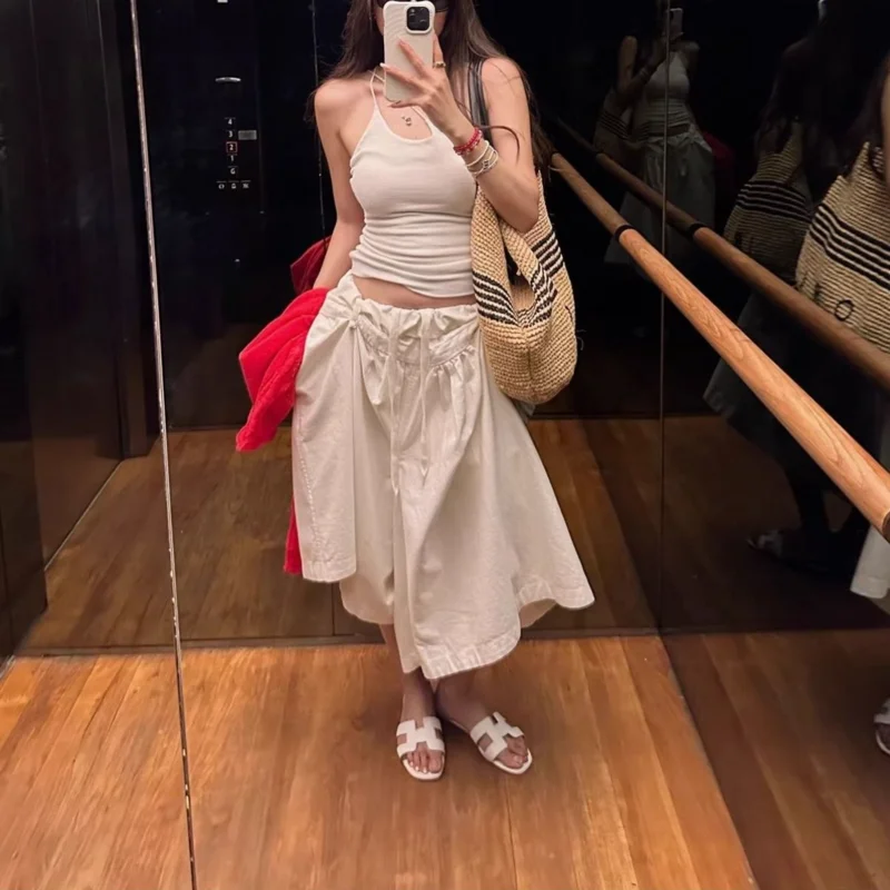 New Summer Retro Drawstring Pant Skirt  Women Elastic Waist Fold A-line Casual Loose Midi Trousers Skirts Solid Color Y2K
