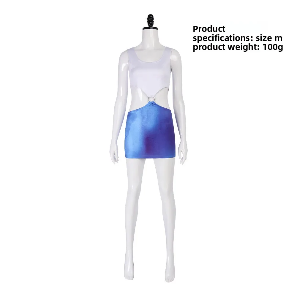 

Movie Pretty Woman Julia Roberts Cosplay Romantic Comedy Film Costume Sexy Blue Bare Waist TieDye Cutout Dress Halloween Cosplay