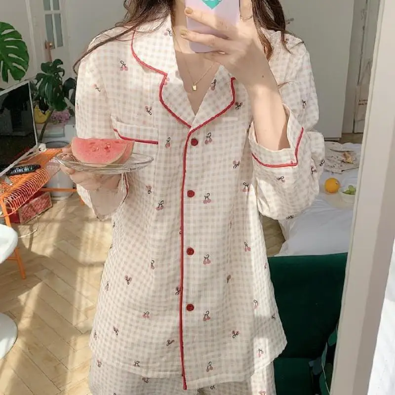 Plaid Women Pajamas Sets Korean Sleepwear 2 Piece Female Pyjama Lady Loungewear Long Sleeve Top Pants Pijama Cute Nightwear Pjs