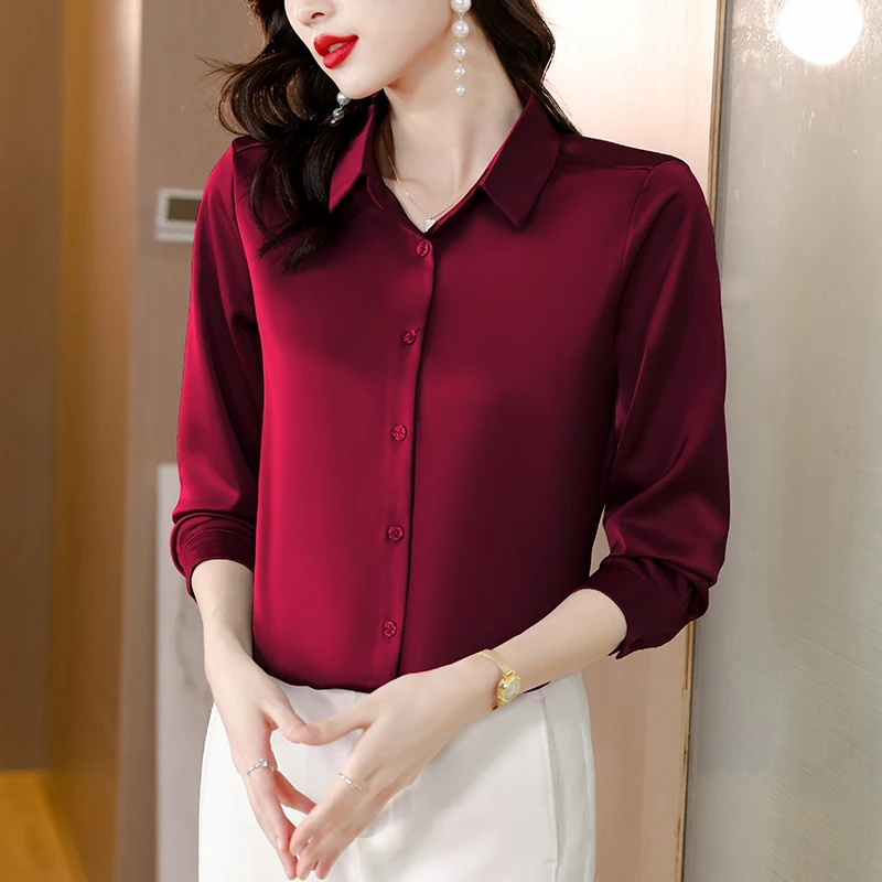 

High-End Silk Women's irt Cut Label Silk Blouse Loose Fit Long Sve Collar Pure Color Resistant to Deformation