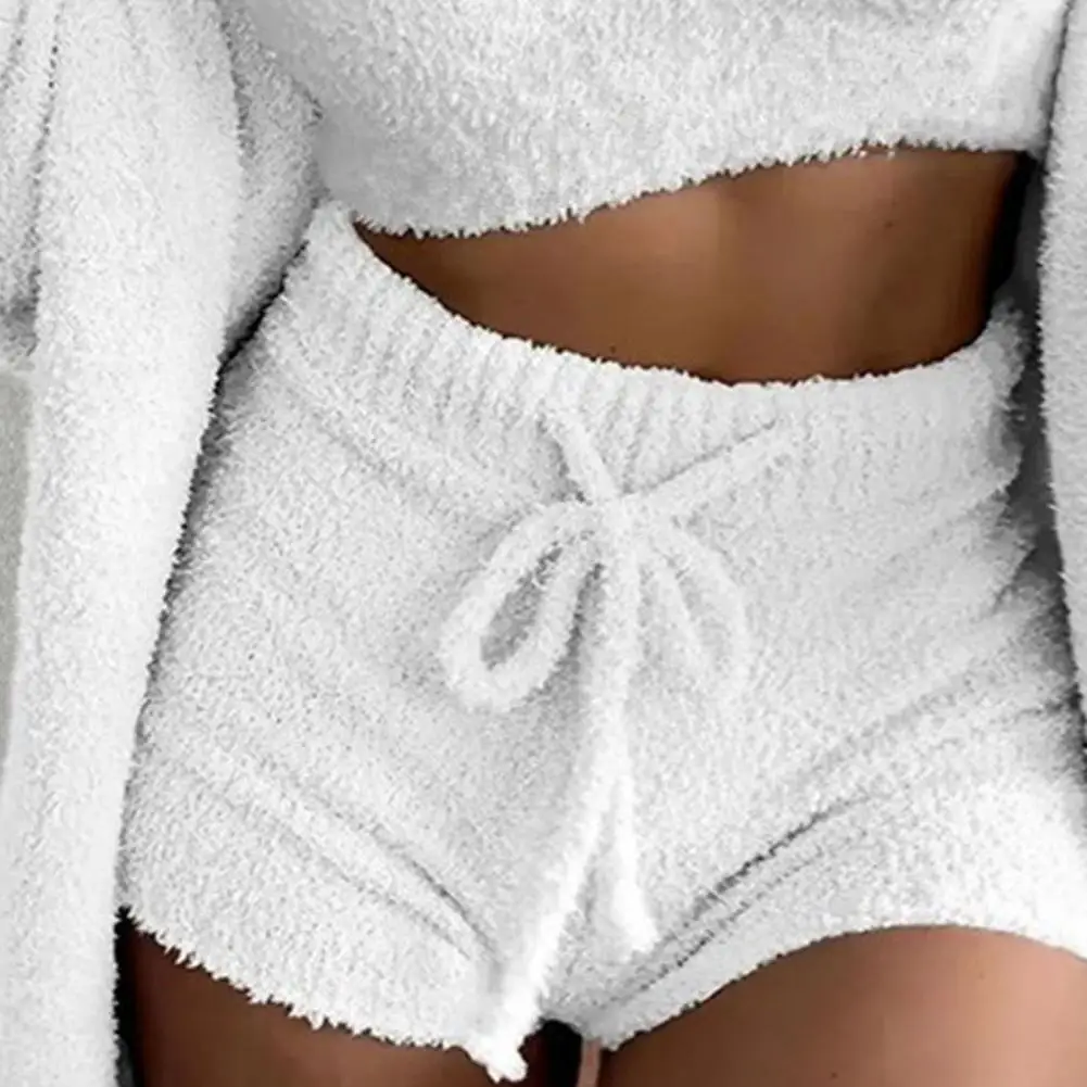 3 Pcs/Set Fall Winter Women Coat Vest Shorts Set Thick Plush Homewear Clothes Sleepwear Hooded Long Sleeves Open Stitch Warm Jac