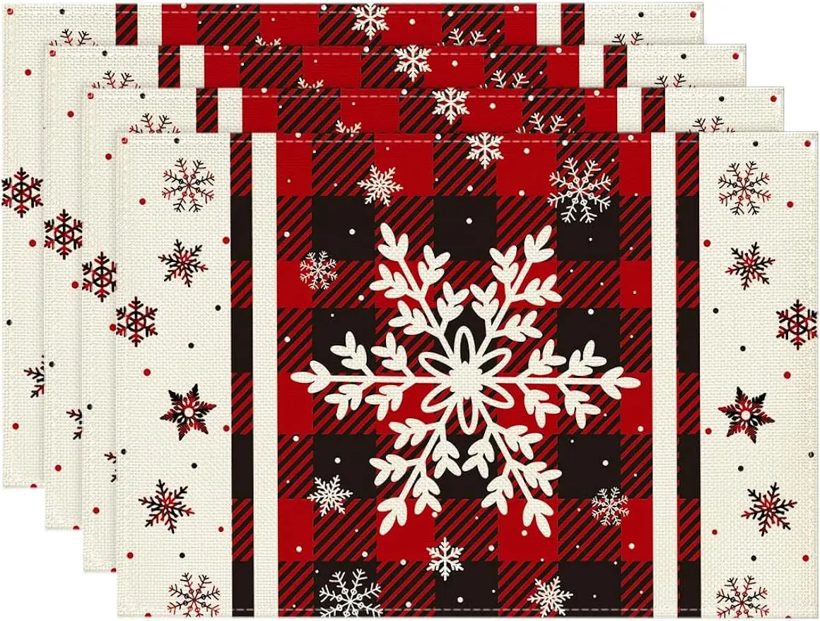 

Buffalo Plaid Snowflakes Winter Placemats Set of 4 12x18 Inch Christmas Table Mats for Party Kitchen Dining Decoration Rectangle