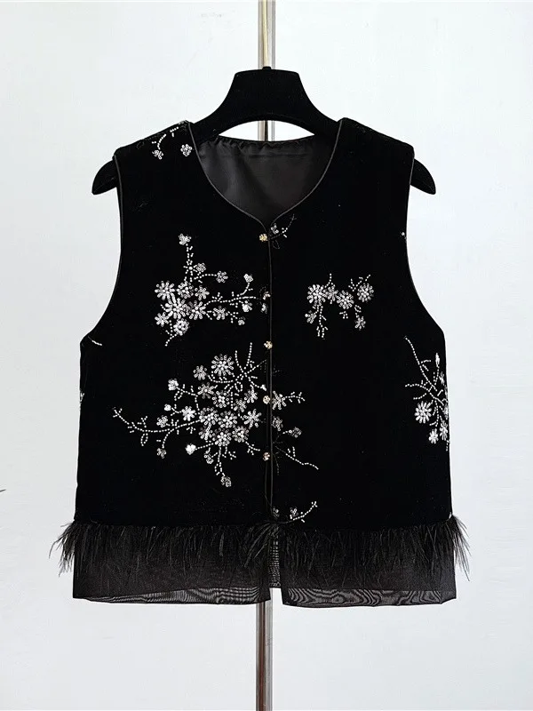 سترة نسائية جديدة بأسلوب صيني مع تطريز ثقيل وترتر وفرو مخملي، ملابس خريفية أنيقة متعددة الطبقات مع وسادات كتف حريرية #2