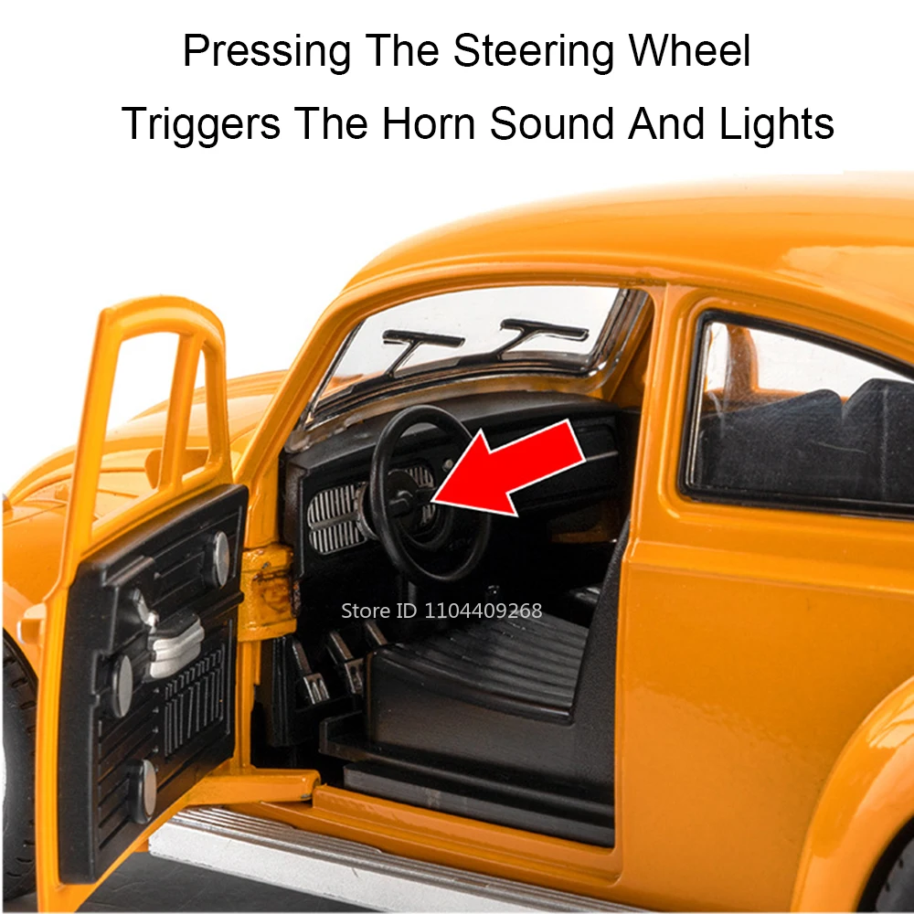 大規模なカブトムシ1955車のおもちゃモデル、4つのドアが開いて、引き戻されて、軽い音楽、ミニチュア車モデル、男の子の誕生日プレゼント、1:18