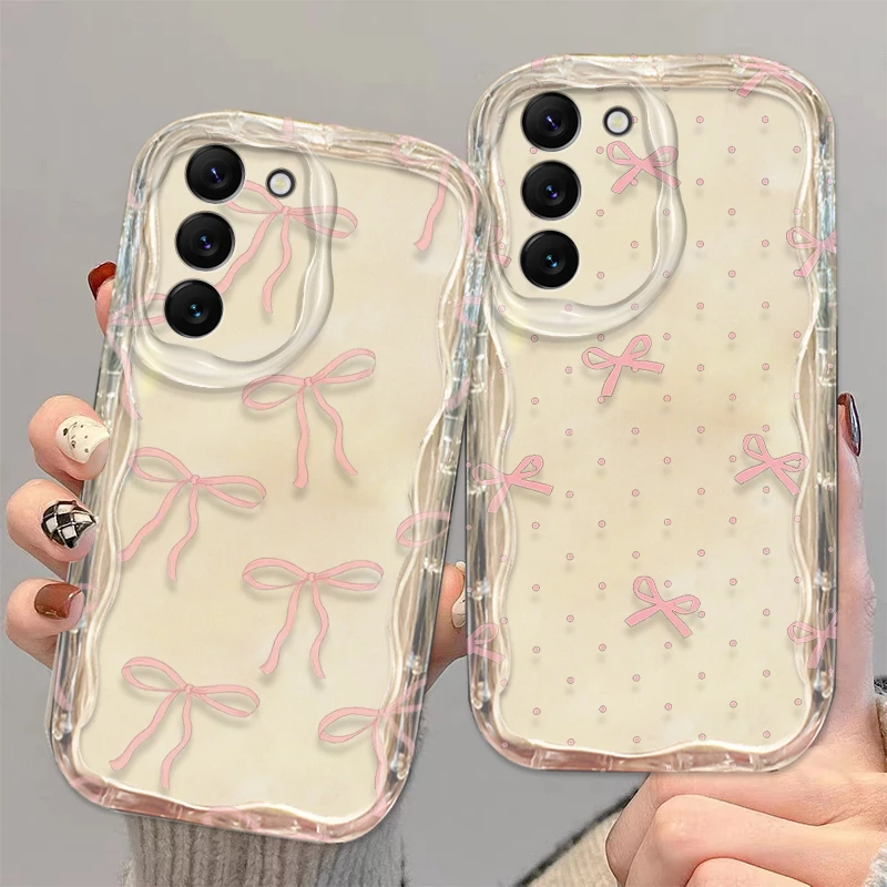 Fashion Cute Bow Cover For S21 S23 S24 Ultra Plus FE A55 A35 A25 A05S A54 A53 A52 A33 A32 Wave Oil Phone Case