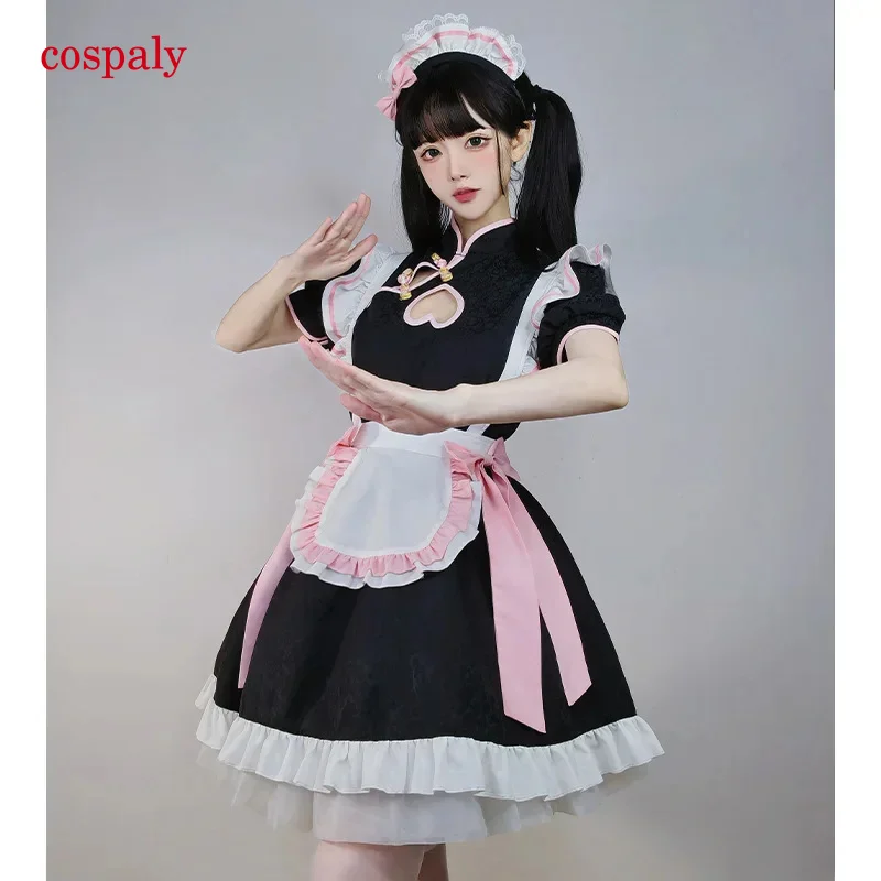 A Anime Lolita Chinese Cheongsam Dress Sweet Pink Kawaii Maid Cosplay Costume Party Stage Waitress Maid Role Play Cat Girl Unifo