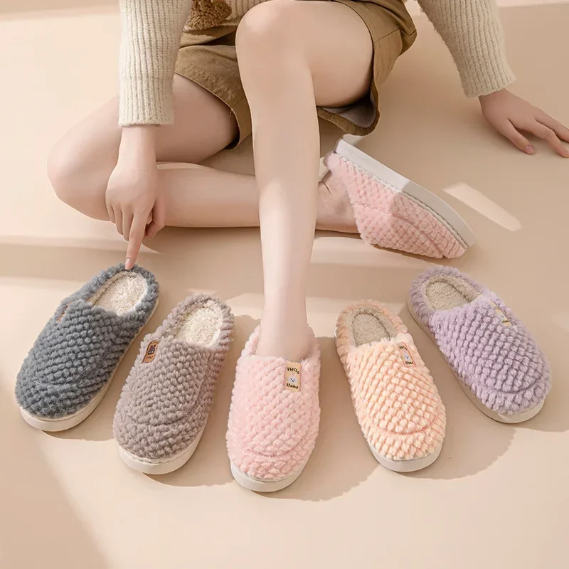 

Winter Autum Plush Warm Women's Cotton Soft Slippers Indoor Home Casual Toe Wrap Fluffy Slides Men Anti Slip Thick Soled Shoes