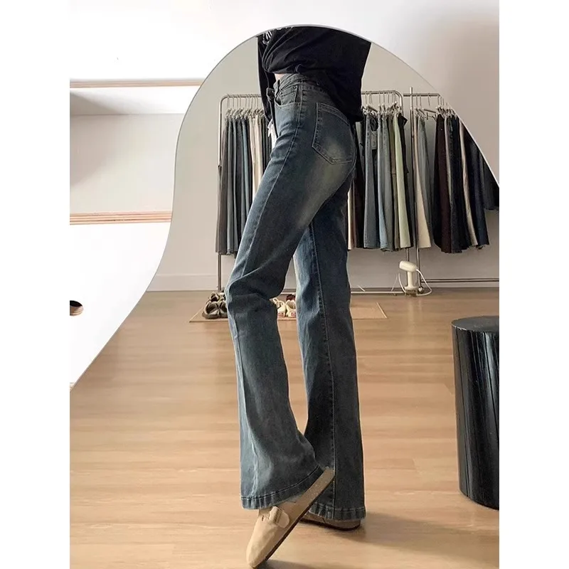Spring New Retro Micro Flared Denim Jeans Women's Rock Grey High Waist Elastic Slimming  Hoof Flared Pants Cotton Stretc...