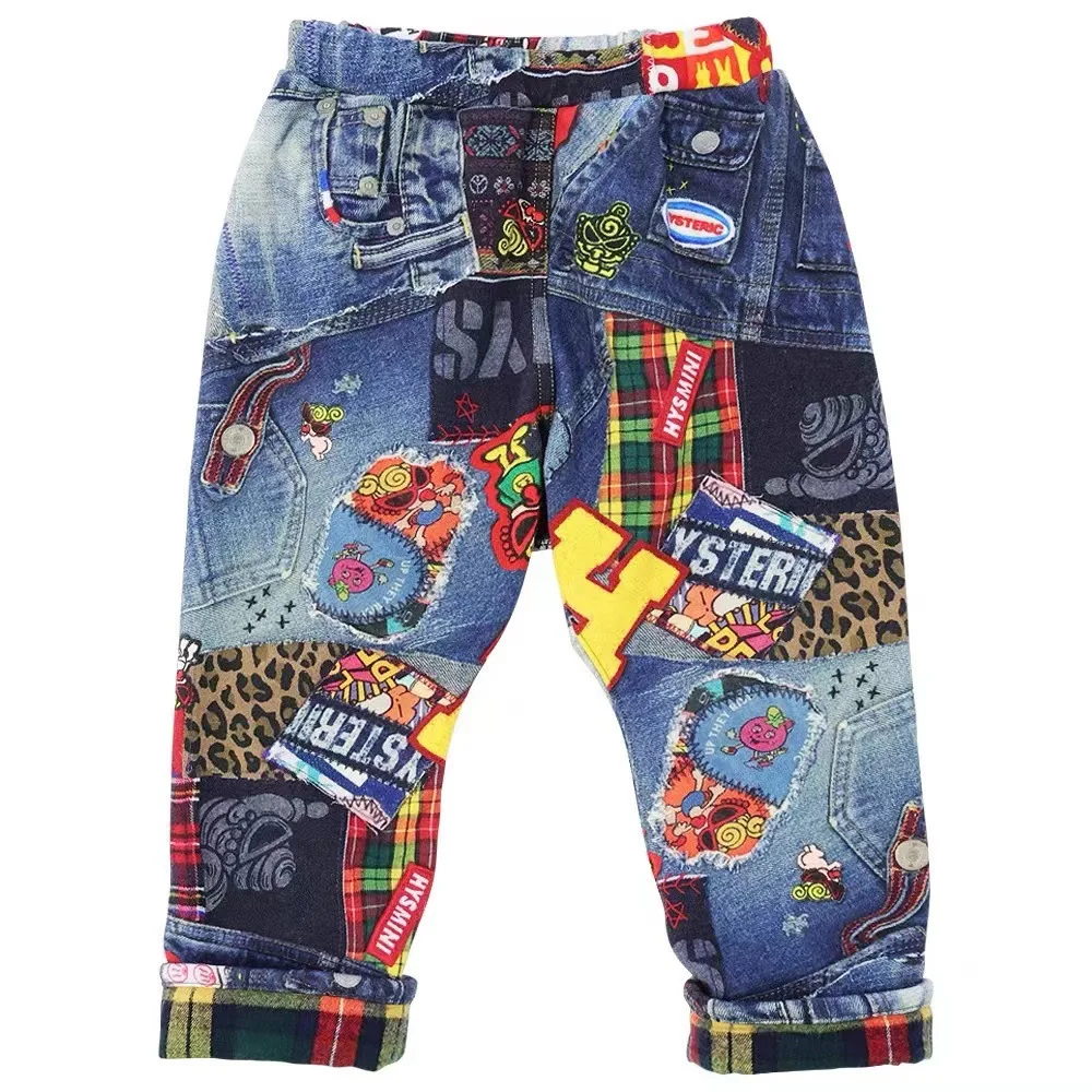 

Boys' Pants 2024 Spring and Summer Tide Brand Black Super Cotton Terry Imitation Denim Children