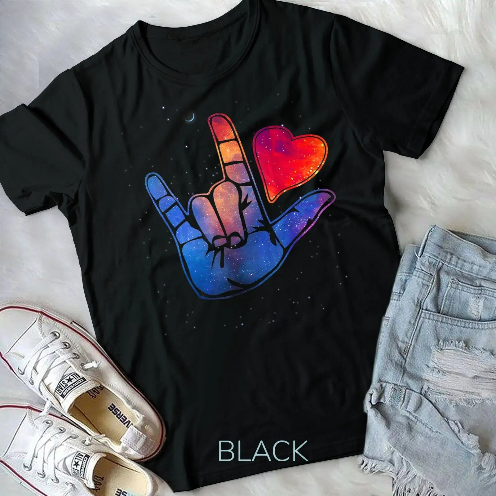 

Sign Language I Love You T Shirt Space Stars Heart Tee Gift Unisex T-shirt