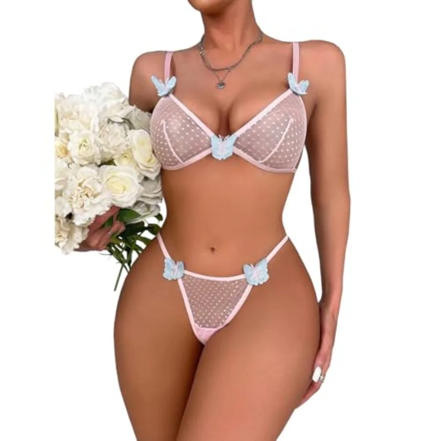 

BIGFOX Women's Underwear and Bras Sexy Lace Lingerie Set Sheer Mesh Bra and Panties Cute Dots Bralettes Thongs 2 Pcs