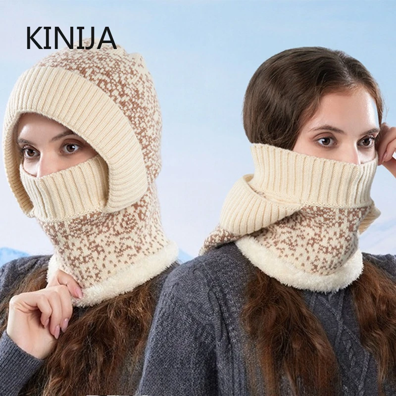 Ski-Radsport-Maske, Sturmhaube für Damen, Winter, warme Strickmütze mit Schal, Halswärmer, verdicktes Fleece-Futter, Schädeldecke, All-in-One