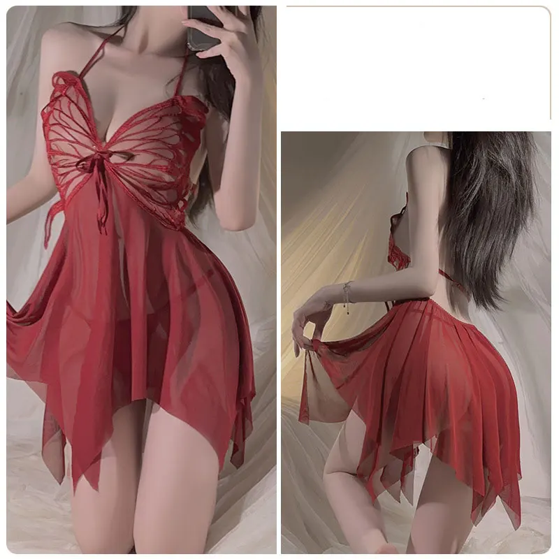 Adult Sexy Female Intimate Lingerie Women\'s Short Skirts Erotic Costume Halter Nightgown Open Transparent Uniform Babydoll Dress