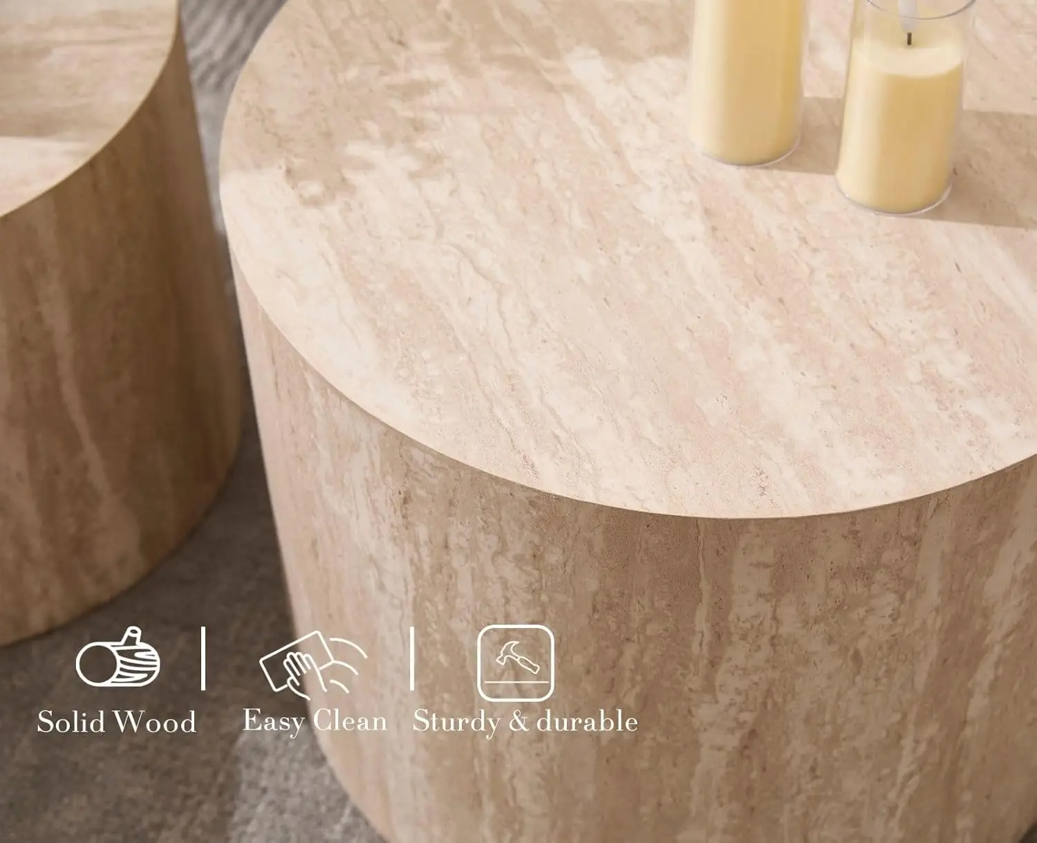 Round Wood Nesting Coffee Table Set of 2, Modern Circle Travertine End Side Table Sets for Living Room, Light Wooden Colo