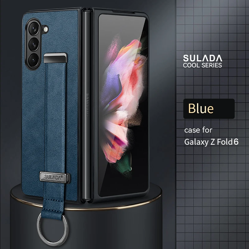 Luxury PU Leather Cover For Samsung Galaxy Z Fold 6 5 4 Case with Portable Wristband Kickstand Metal Ring Hand Strap