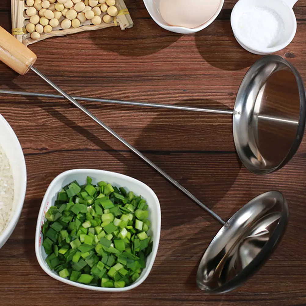 Stainless Steel Frying Spoon with Ergonomic Wooden Handle Heavy Duty Concave Convex Design Non-Stick Oil Spoon for Home Kitchen
