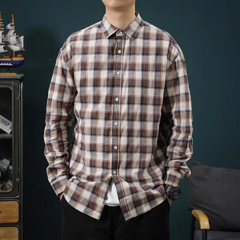 

Retro Hong Kong Style Plaid Shirt Men's Spring Autumn Loose Long Sleeve Versatile Trendy Casual Top Cotton Classic Button-down