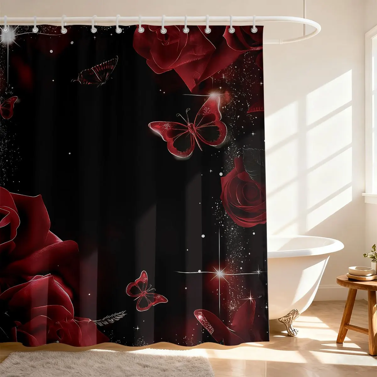 Romantic Red Roses Butterfly Print Shower Curtain Bathroom Decoration Luxury Floral Gothic Shower Curtain Liner - view 5
