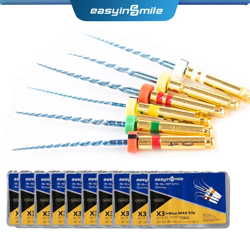 60Pcs(10Pack) EASYINSMILE Dental Endodontic X3 Blue NITI File 25MM/21MM/31MM Root Canal Rotary Files For Motor Endo Treat Tips