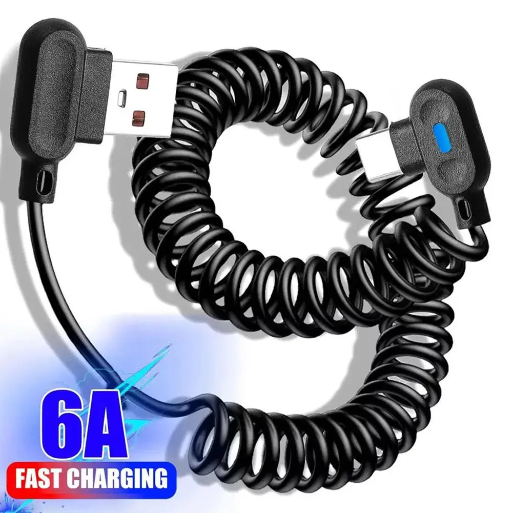 Cabo de dados de mola 6a, cabo de dados de carregamento rápido de curvatura dupla usb para TYPE-C com luz led para huawei honor cabo de telefone móvel