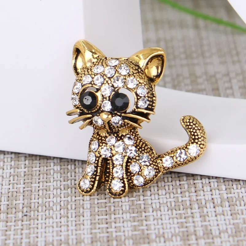 1pcs High-end Retro Diamond Cute Ancient Gold and Ancient Silver Kitten Brooch Clothing Coat Scarf Decorative Pin Badge