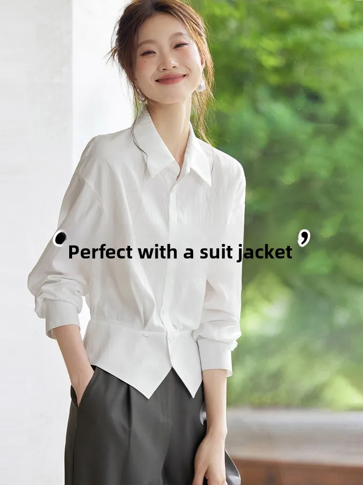 

White Short Shirt Women's Business Casual Layering Top Spring Autumn Winter Office Commute Fashion Stylish Slim Fit Long Sleeve
