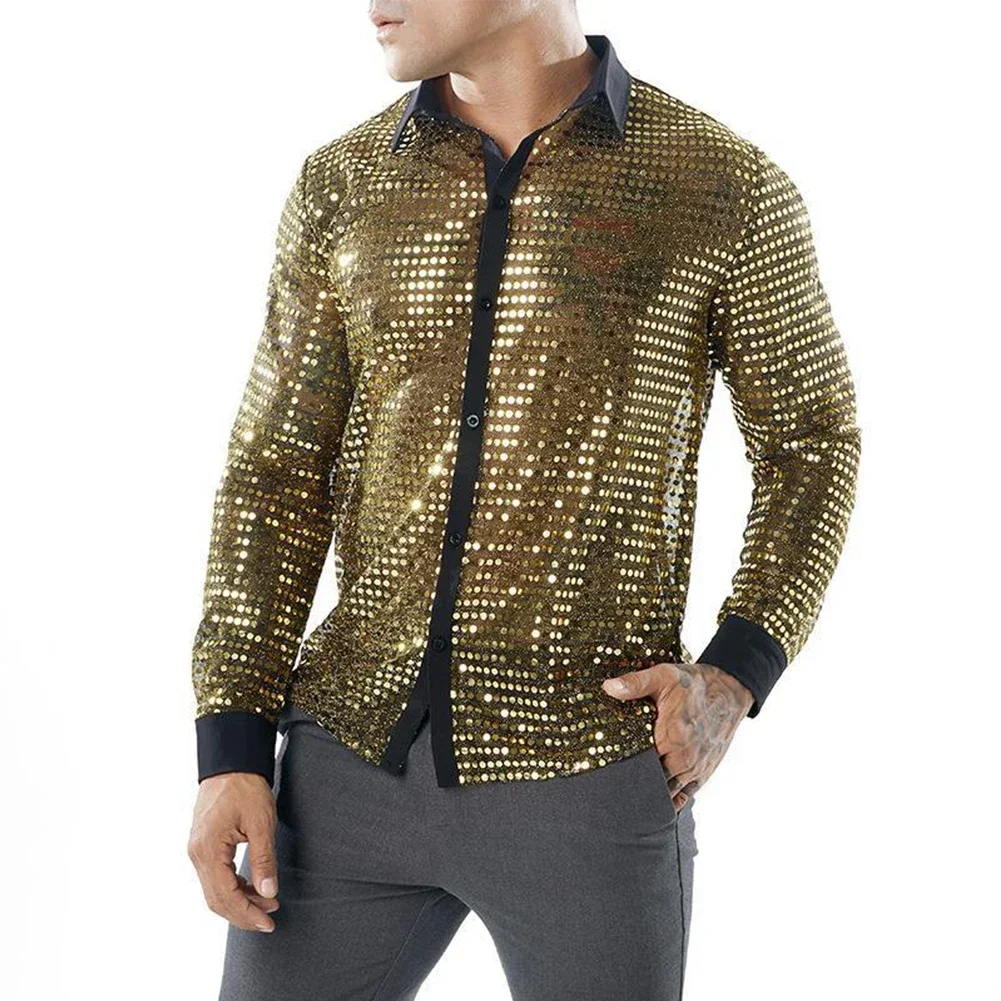 Mens Sparkly Sequins Party Dance Shirts Retro 70s Disco Nightclub Shirt Tops Single Breasted Performance Clothing, Men's Fashion