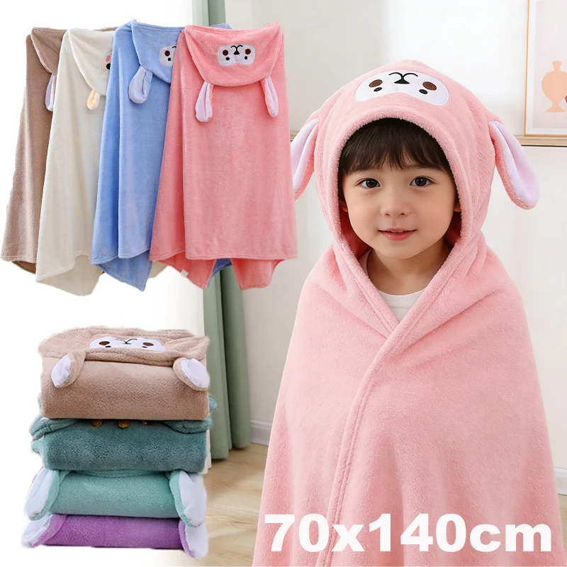 Soft Coral Fleece Hooded Towel Children Super Absorbent Quick Dry Cartoon Cape Baby Bathroom Swim Wrap Towel