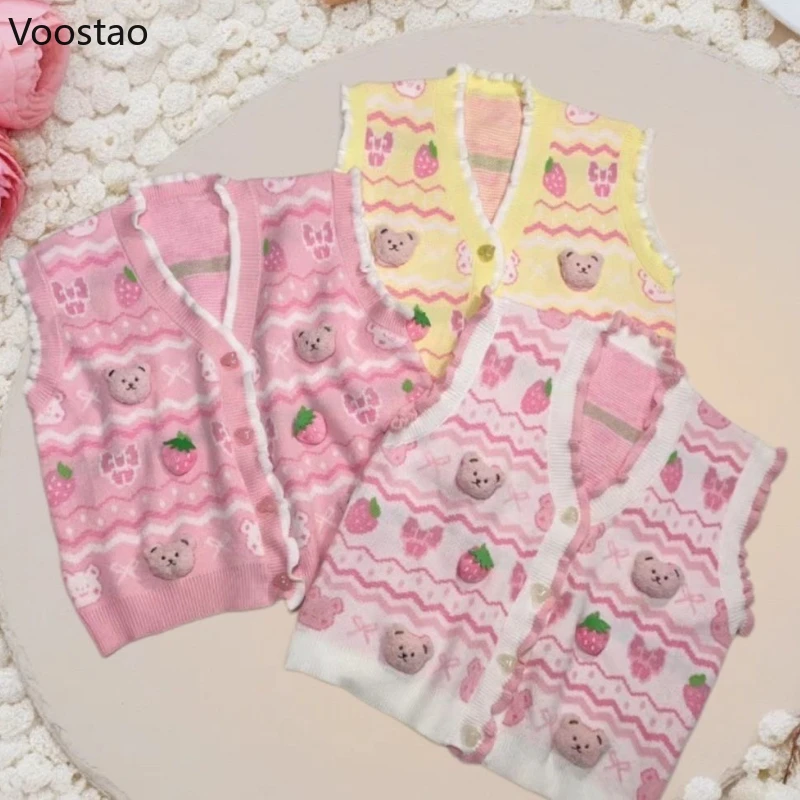 

Japanese Kawaii Lolita Style Knitted Vest Women Sweet Cartoon Strawberry Bear Sleeveless JK Sweater Girls Waistcoat Cardigan Top