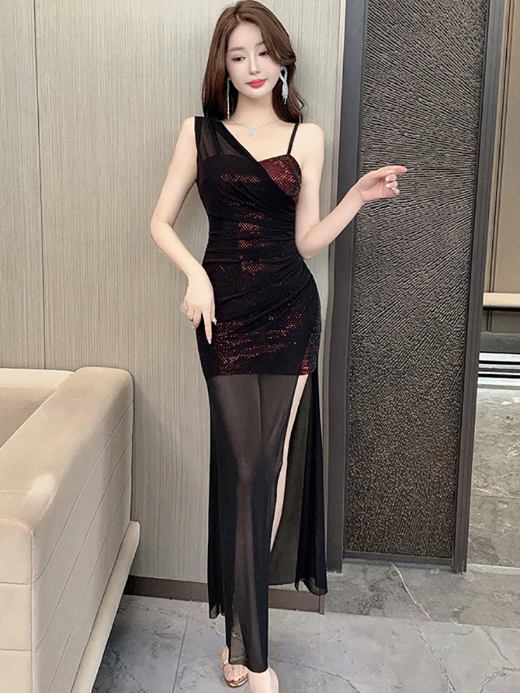 

Red Sequins Patchwork Black Mesh Sexy Sling Dress for Women Summer Elegant Luxury Evening Dress 2025 Korean Vintage Party Dress