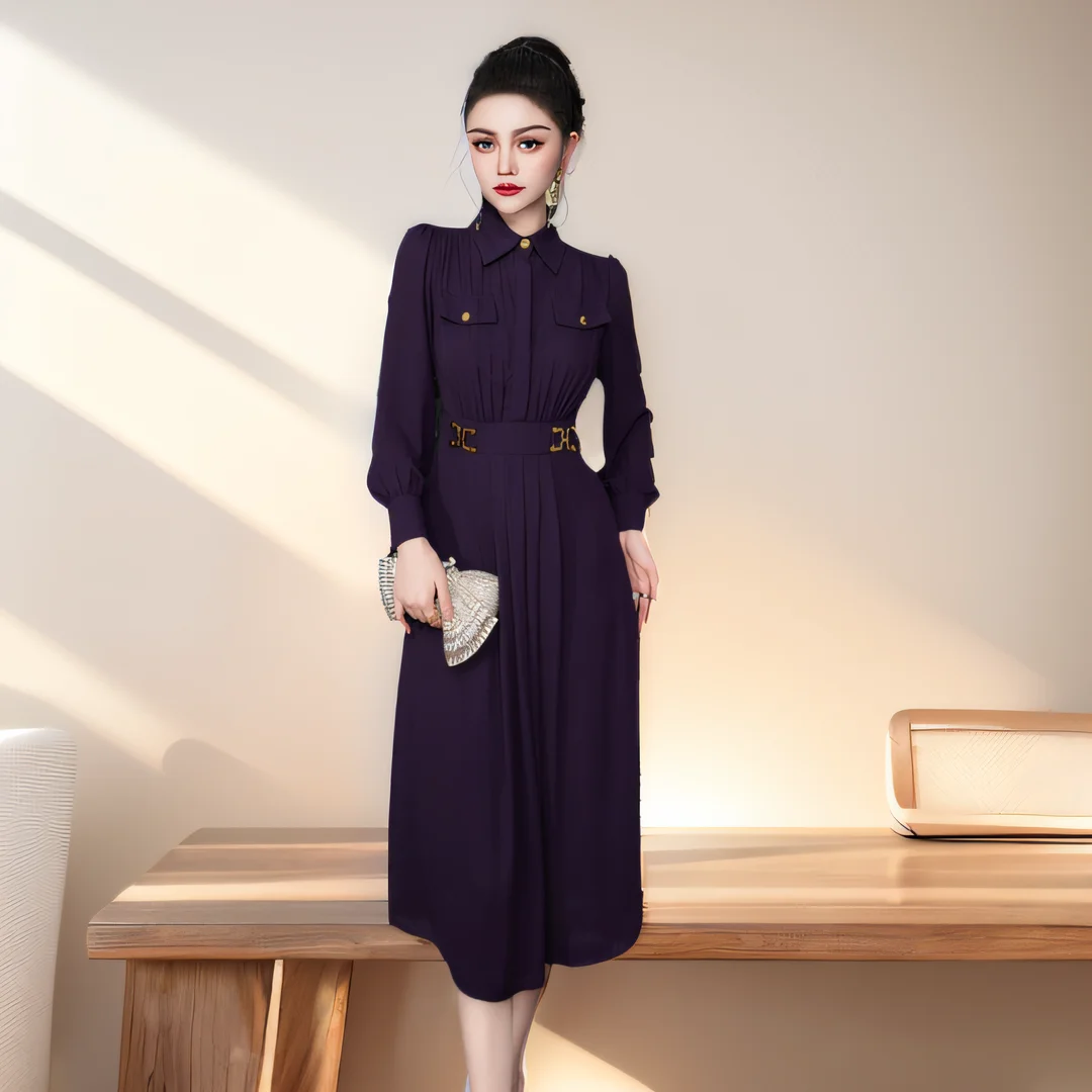 ZJYT 2024 Fashion Runway Spring Dresses for Women Long Sleeve Vestidos Elegant Turn Down Collar Casual Daily Midi Dress Purple