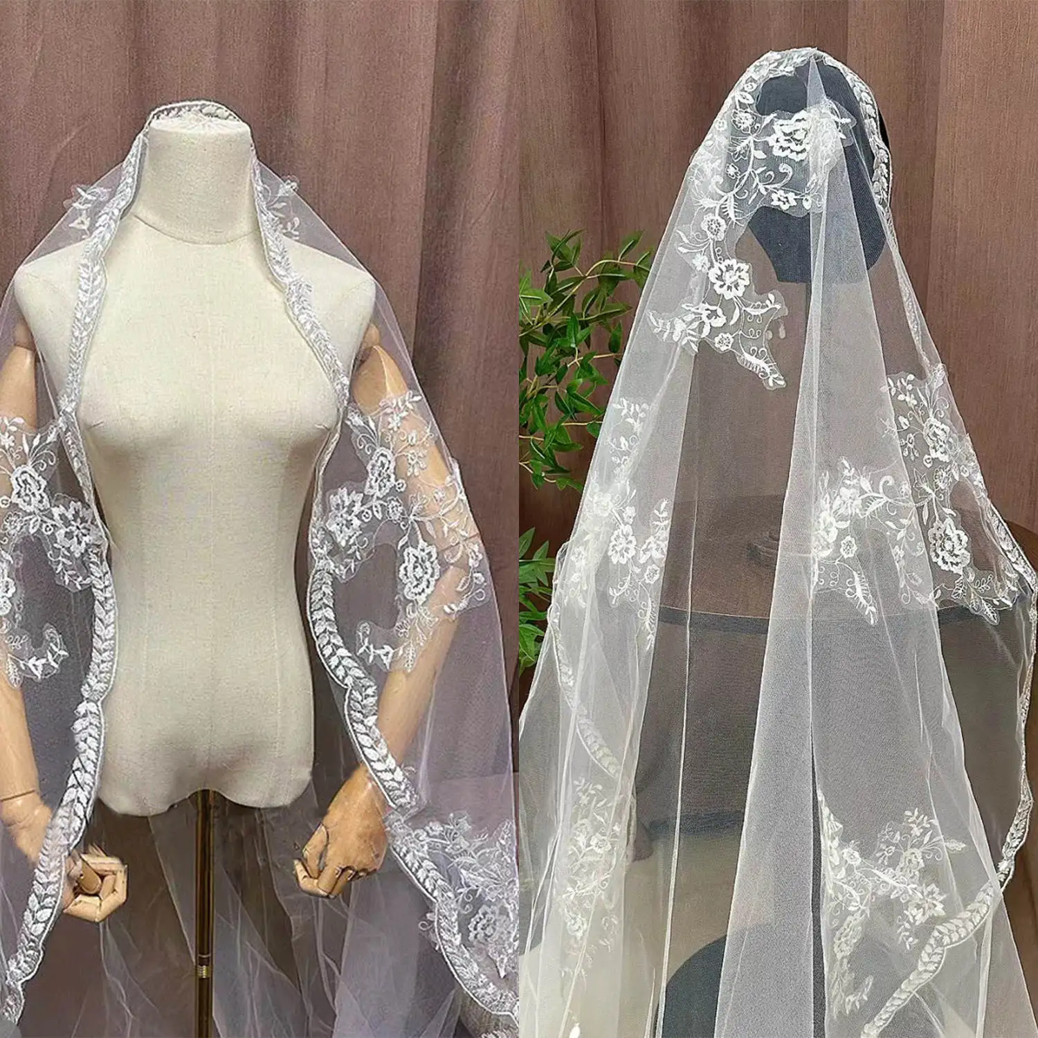 

Classic Wedding Veil Appliques One Layer Long Blusher Length Veils Applique Edge With Comb Custom Made Bridal Accessories