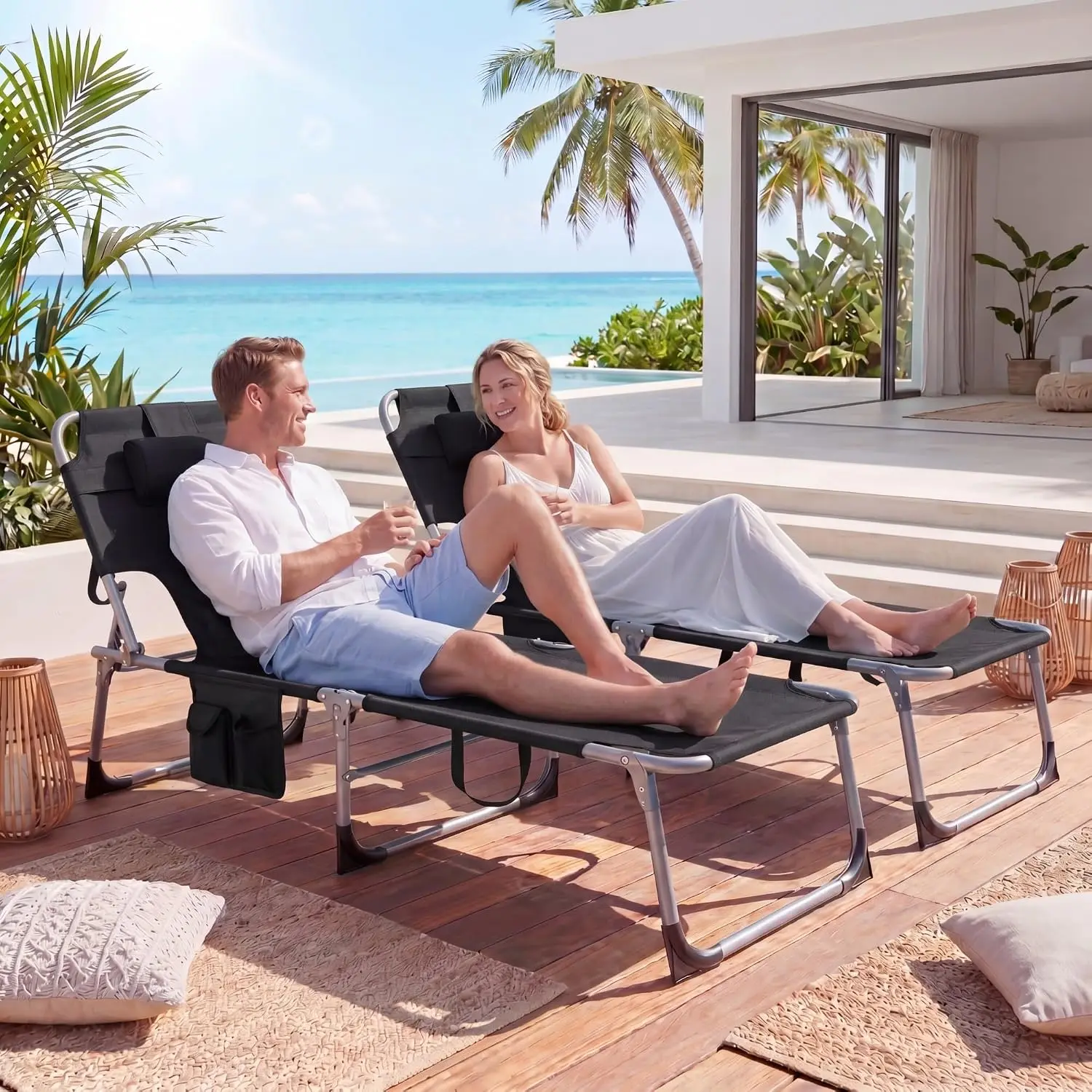 Tanning Chair, Folding Beach Lounge Chair with Face &Arm Hole, 4-Position Adjustable,Removable Pillow,Side Pocket,, Customized
