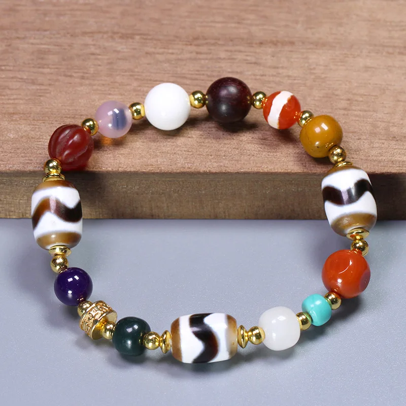 Shengshi Qiyuan Natural Tibetan Authentic Tiger Tooth Dzi Bead Medicine Master Southern Red Agate Turquoise Bracelet, appr
