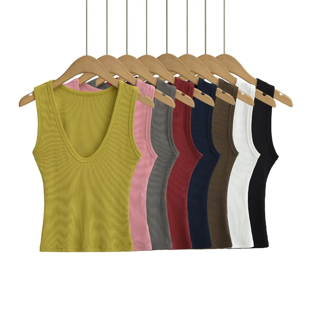 

Summer Spice Girl Fashion Women's Sleeveless Short Vest Deep U-neck Stretch Slim-fit Inner Camisole Outer Wear