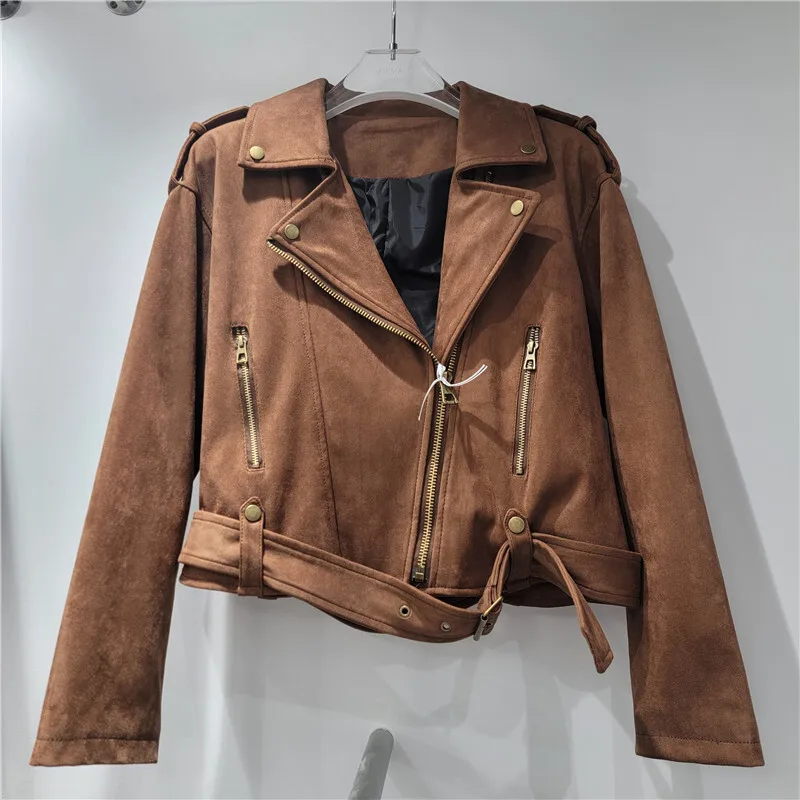 Whth nova moda feminina falso pele de veado velo jaqueta da motocicleta 2025 verão moda lapela mangas compridas casaco feminino 1ls2122