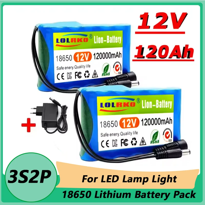 New Portable 3S2P 12V 120000mah Rechargeable Li-Ion Battery, For LED Lamp Light Backup Powe Etc+ Charger
