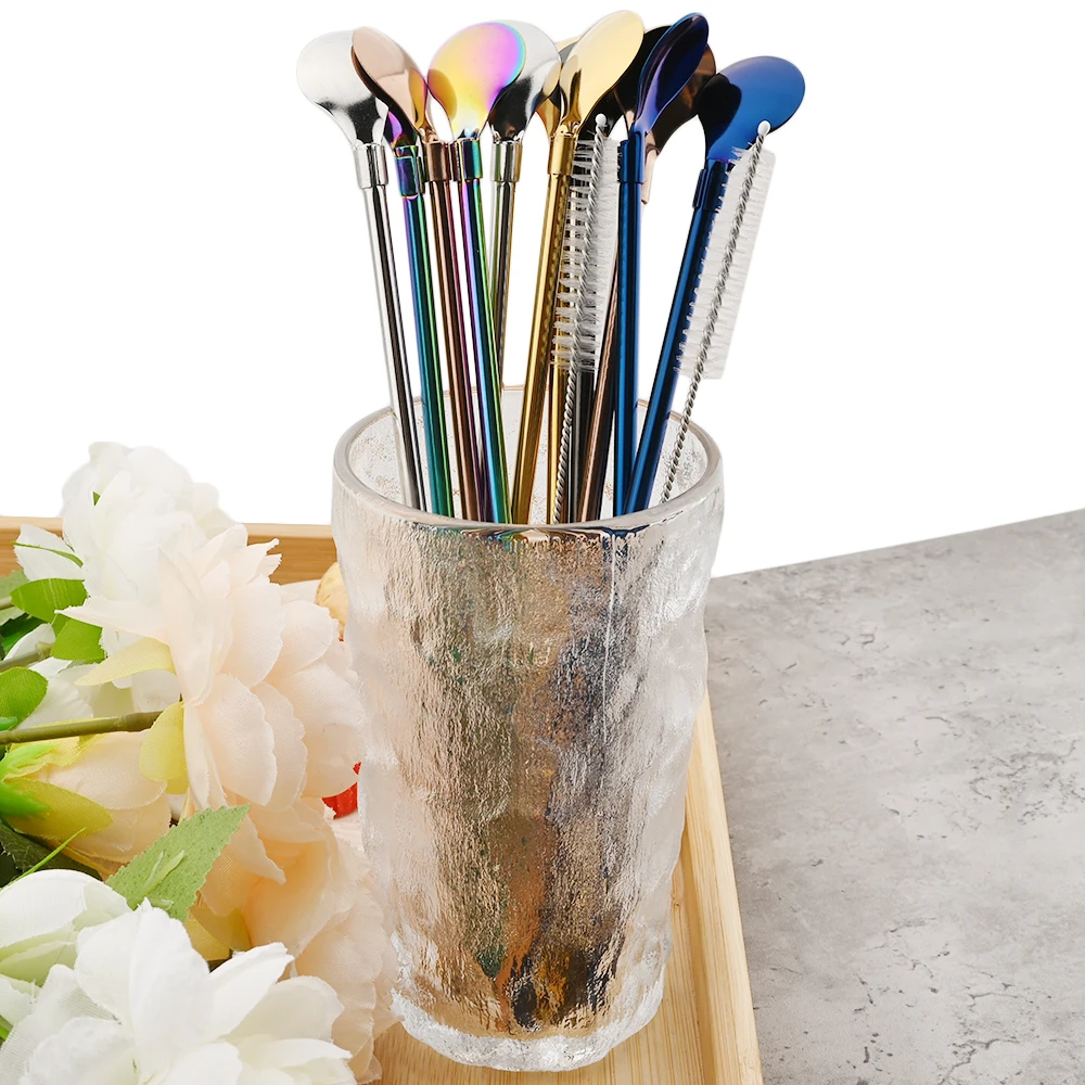 4/8Pcs 304 Stainless Steel Straw Spoon Set Mixing Stirring Straw Reusable Metal Straw with Brush for Smoothie Drinking Accessory