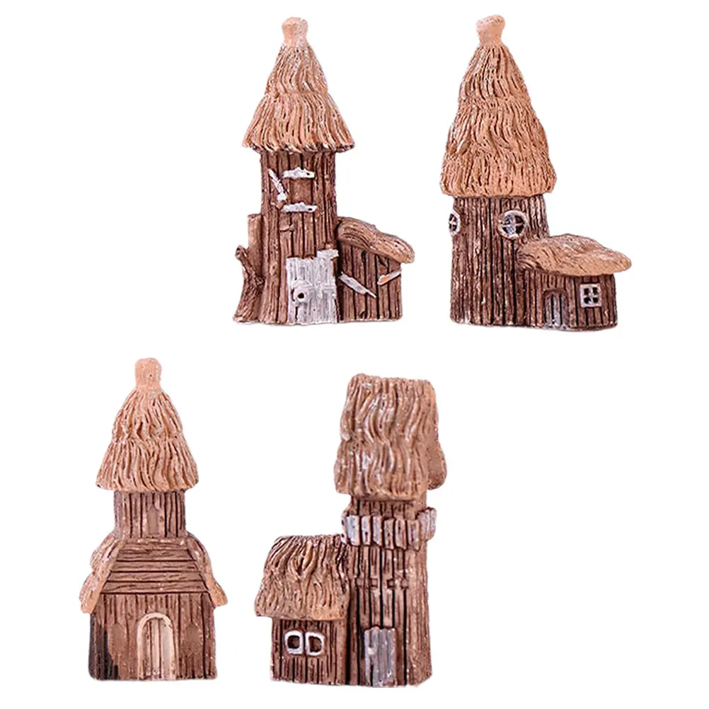 

4 Lovely Miniature Resin Houses Decor Straw Cottage Fairy Garden Adornment Desktop Cartoon House Figurine L