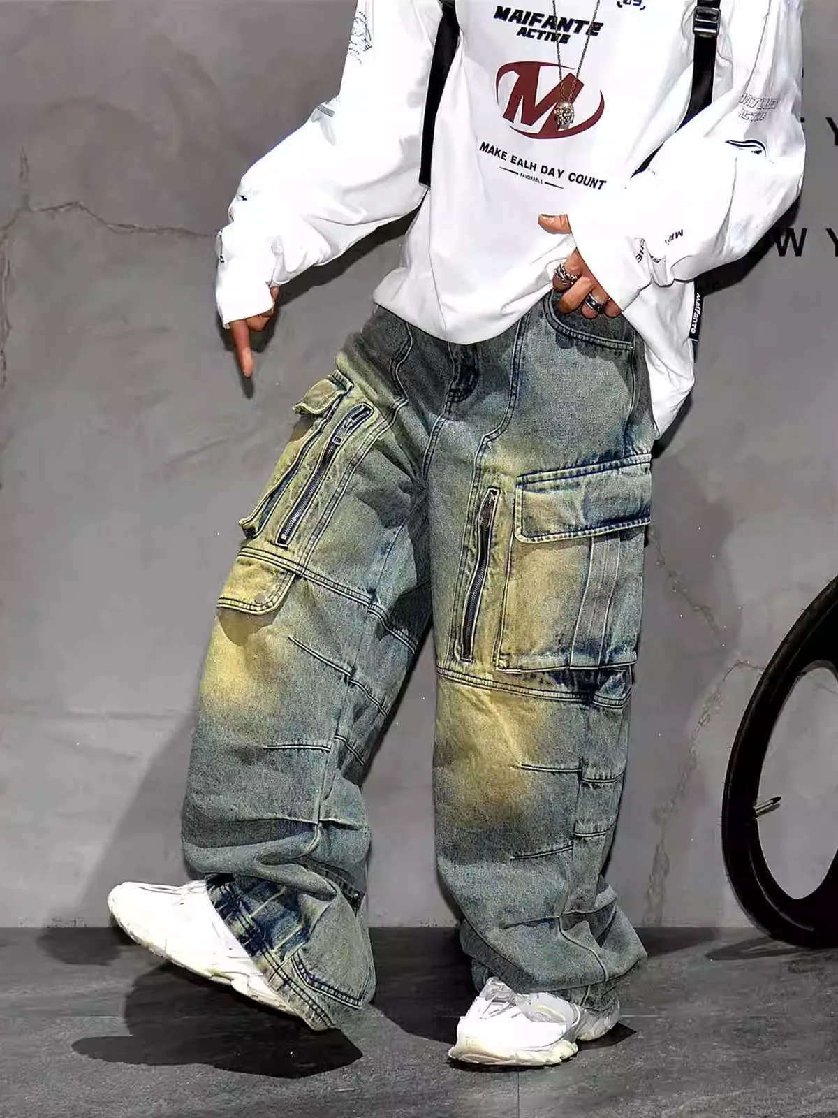 

Винтажные мужские джинсовые рабочие брюки Heavy-Du, широкие потертые повседневные джинсы Mud Dye, молодежные модные джинсы с несколькими карманами, прямой крой