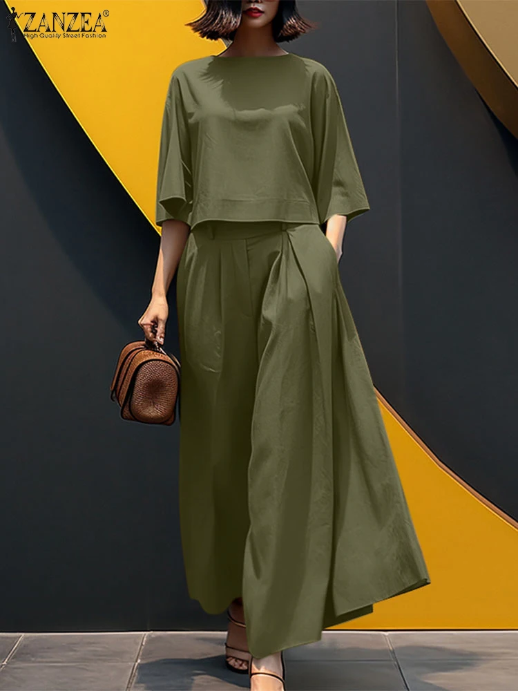 

ZANZEA Spring Women Pant Sets Everyday Wear Casual Wide Leg Pant Loose 2pcs Outfits Stylish 3/4 Sleeve Crop Top Solid Tracksuits