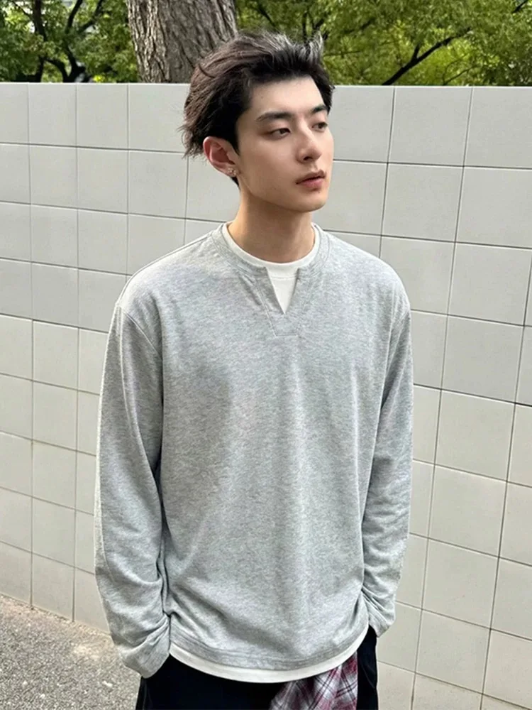 

Gray American Retro Fake Two-Piece Hoodie Men's Thick Long Sleeve V-Neck Winter Base Layer Shirt Inner Wear Youth Fashion