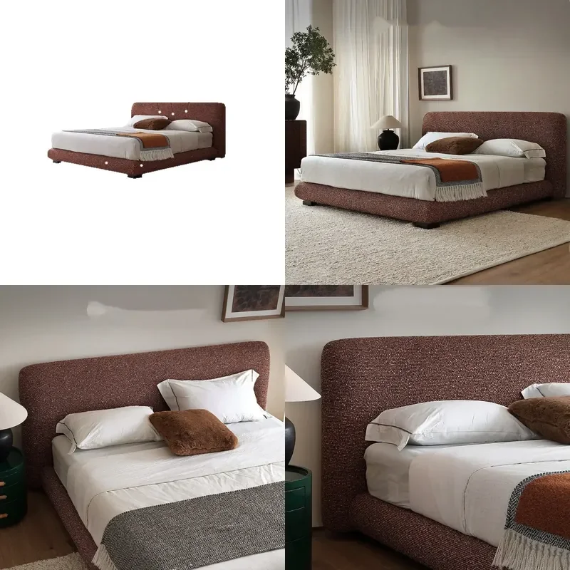 Italian Minimalist Cream Linen Cotton Bed High End Luxury Master Bedroom Furniture Designer Style Flush Mount Frame