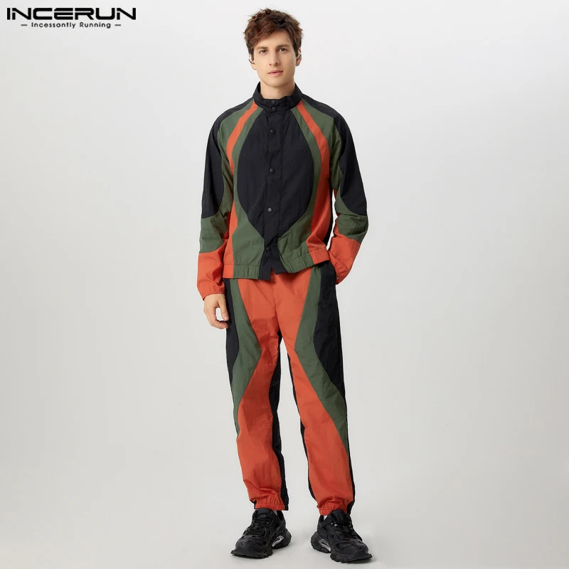 INCERUN Men Loose Soprt Style Outfits Casual Color Patchwork Simple Two-Piece Suits Hansome Elegant American Fashion 2PCS Sets