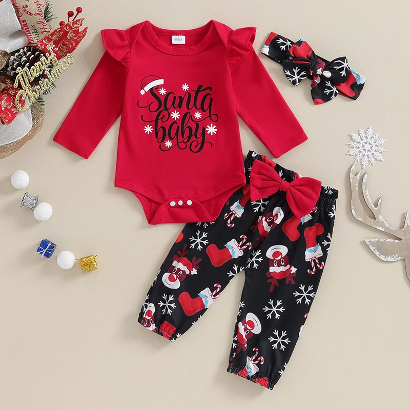 

Infant Girls 3 Piece Set Adorable Snowflake Print Romper with Matching Pants and Bow Headband for Winter Holiday Season