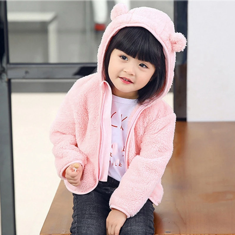 Kids Winter Warm Coats Jacket Clothes Outwear Overcoat Ear Hooded Coral Fleece Zip Up Clothes Cute for Toddlers Boys Girls