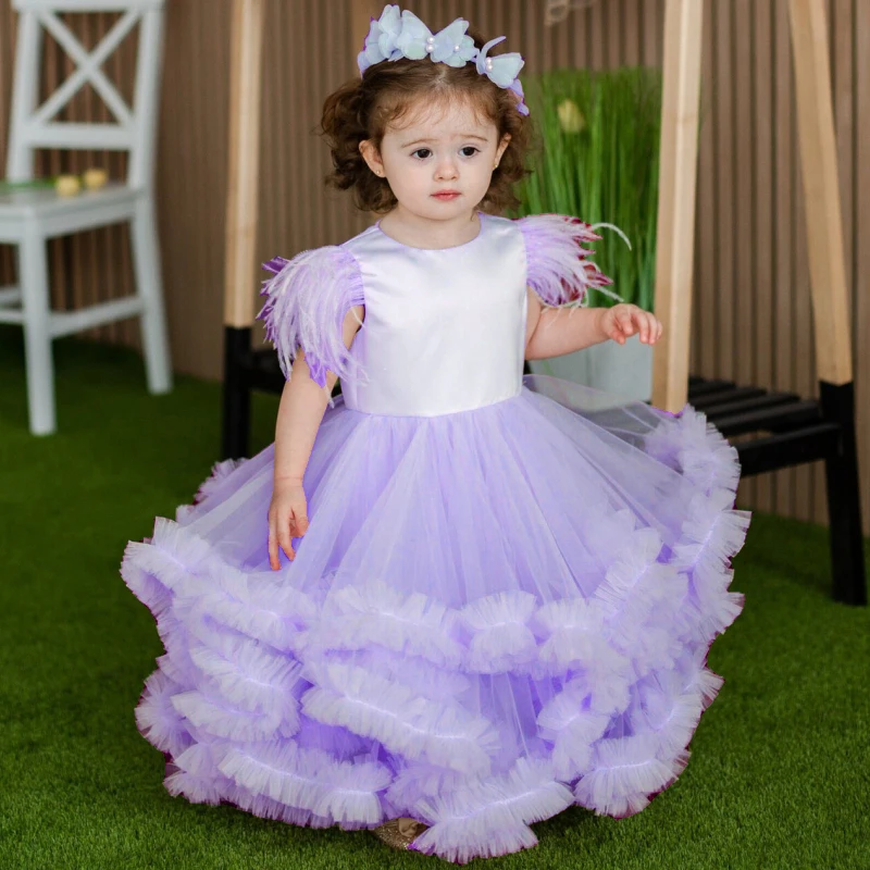 Light Pink Flower Girl Dresses Tulle Tiered Hem Feather Sleeve For Wedding Birthday Banquet First Communion Gowns